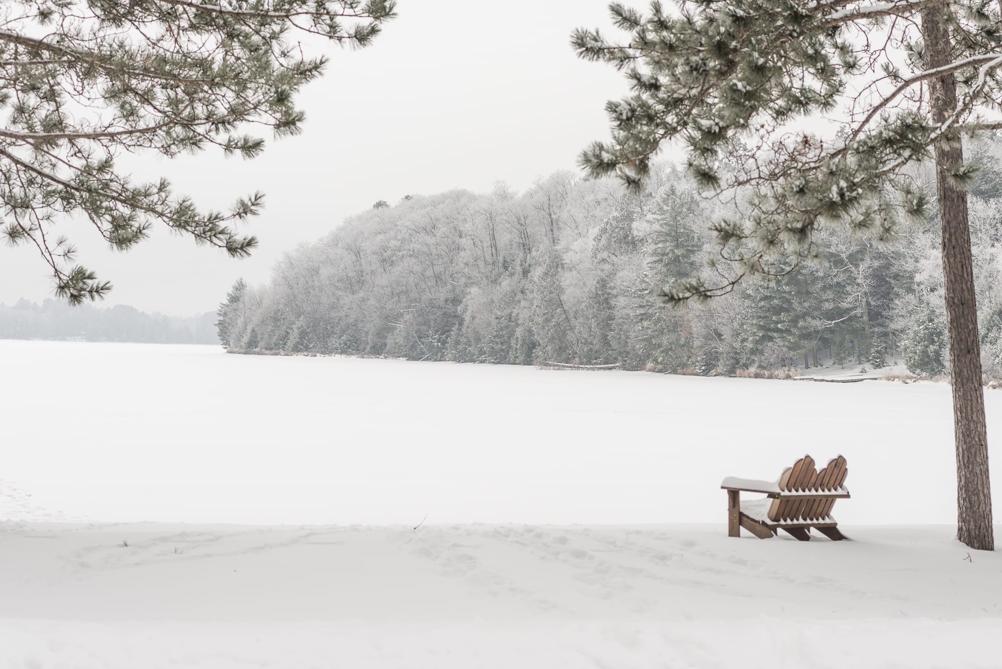 Snow on Lake Sand and Adirondack bench.