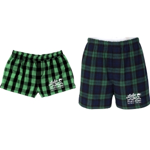 dark and bright green plaid boxer shorts